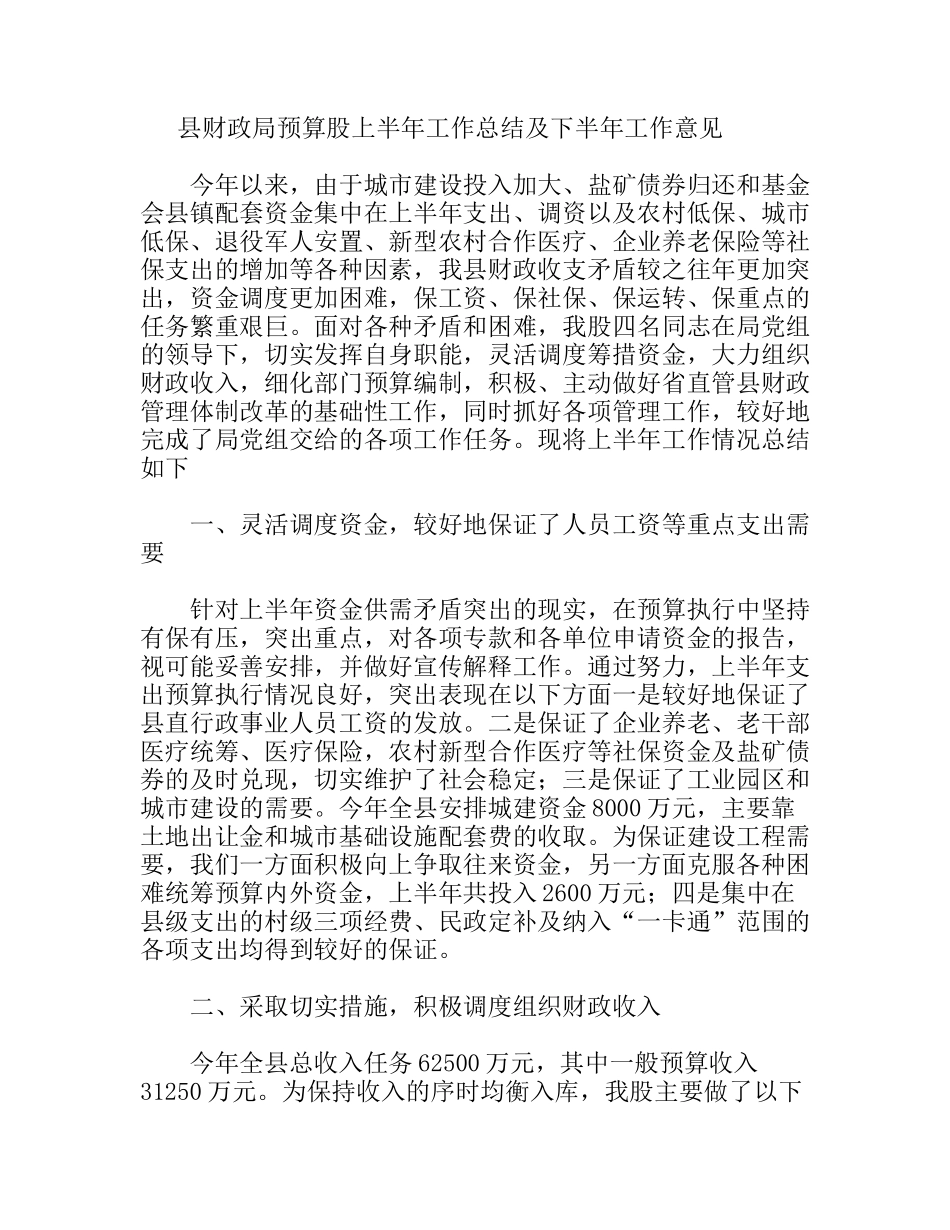 县财政局预算股上半年工作总结及下半年工作意见_第1页