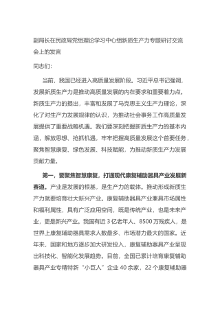副局长在民政局党组理论学习中心组新质生产力专题研讨交流会上的发言