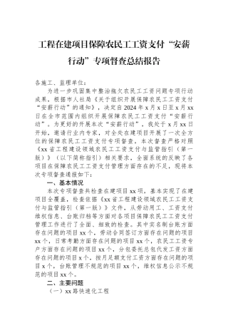 工程在建项目保障农民工工资支付“安薪行动”专项督查总结报告