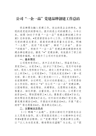 公司“一企一品”党建品牌创建工作总结