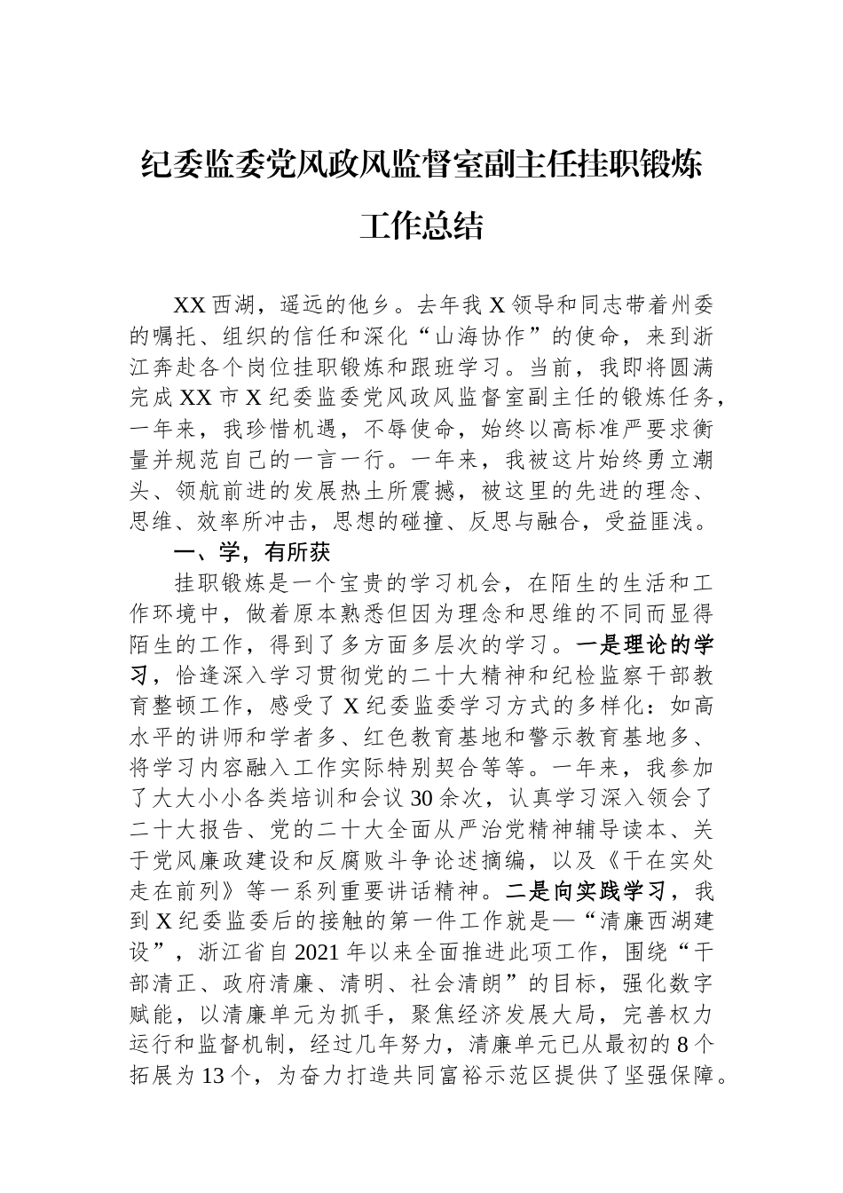 纪委监委党风政风监督室副主任挂职锻炼工作总结_第1页