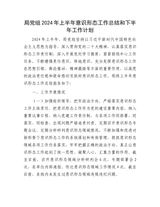 局党组2024年上半年意识形态工作总结和下半年工作计划