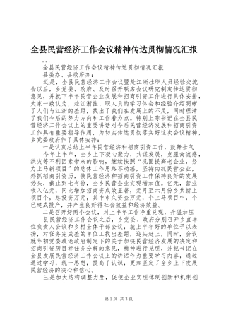 全县民营经济工作会议精神传达贯彻情况汇报