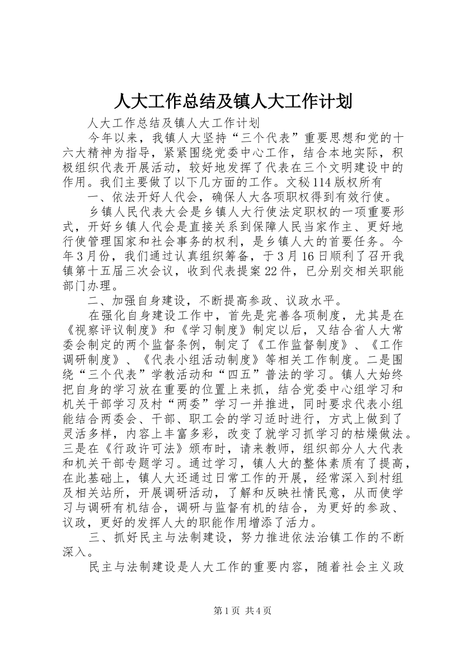 人大工作总结及镇人大工作计划_第1页