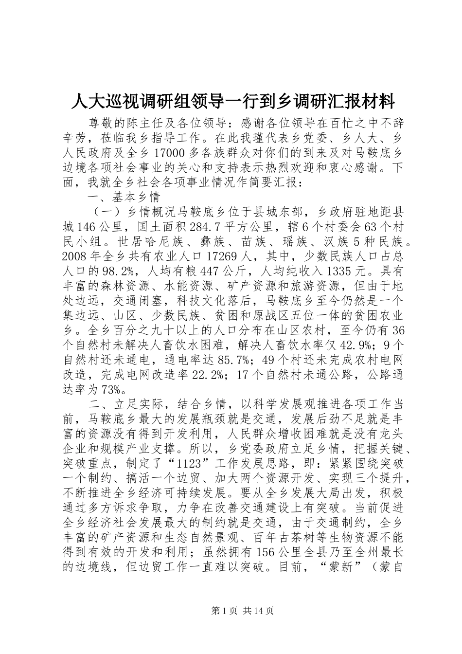 人大巡视调研组领导一行到乡调研汇报材料_第1页