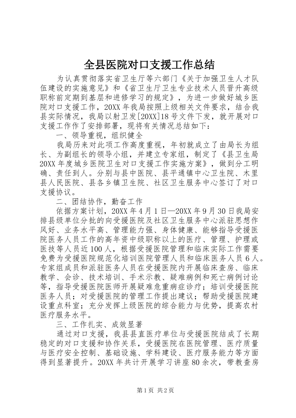 全县医院对口支援工作总结_第1页