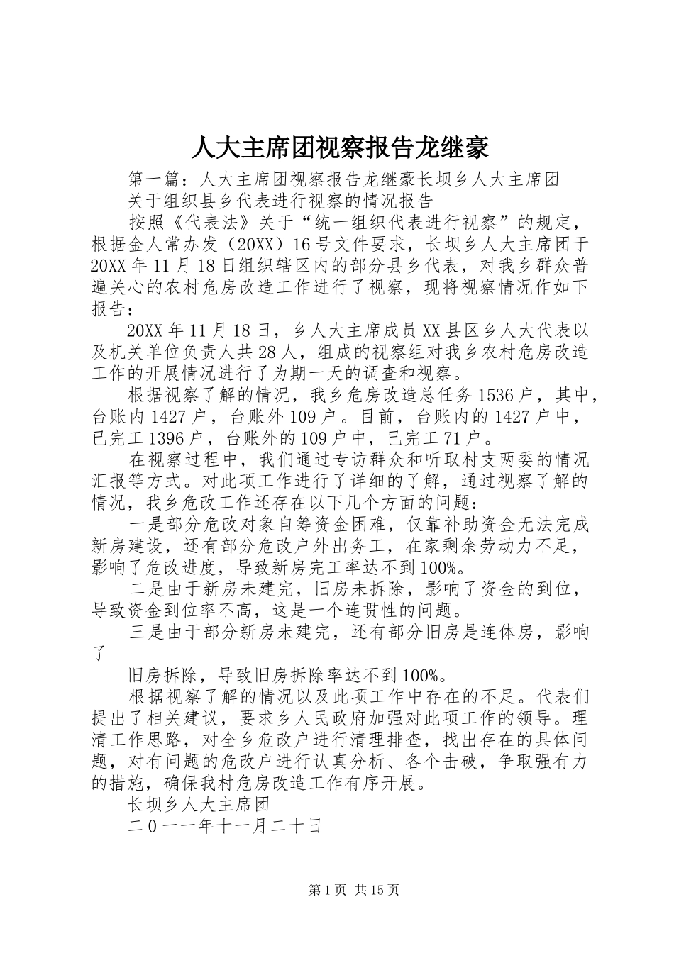 人大主席团视察报告龙继豪_第1页