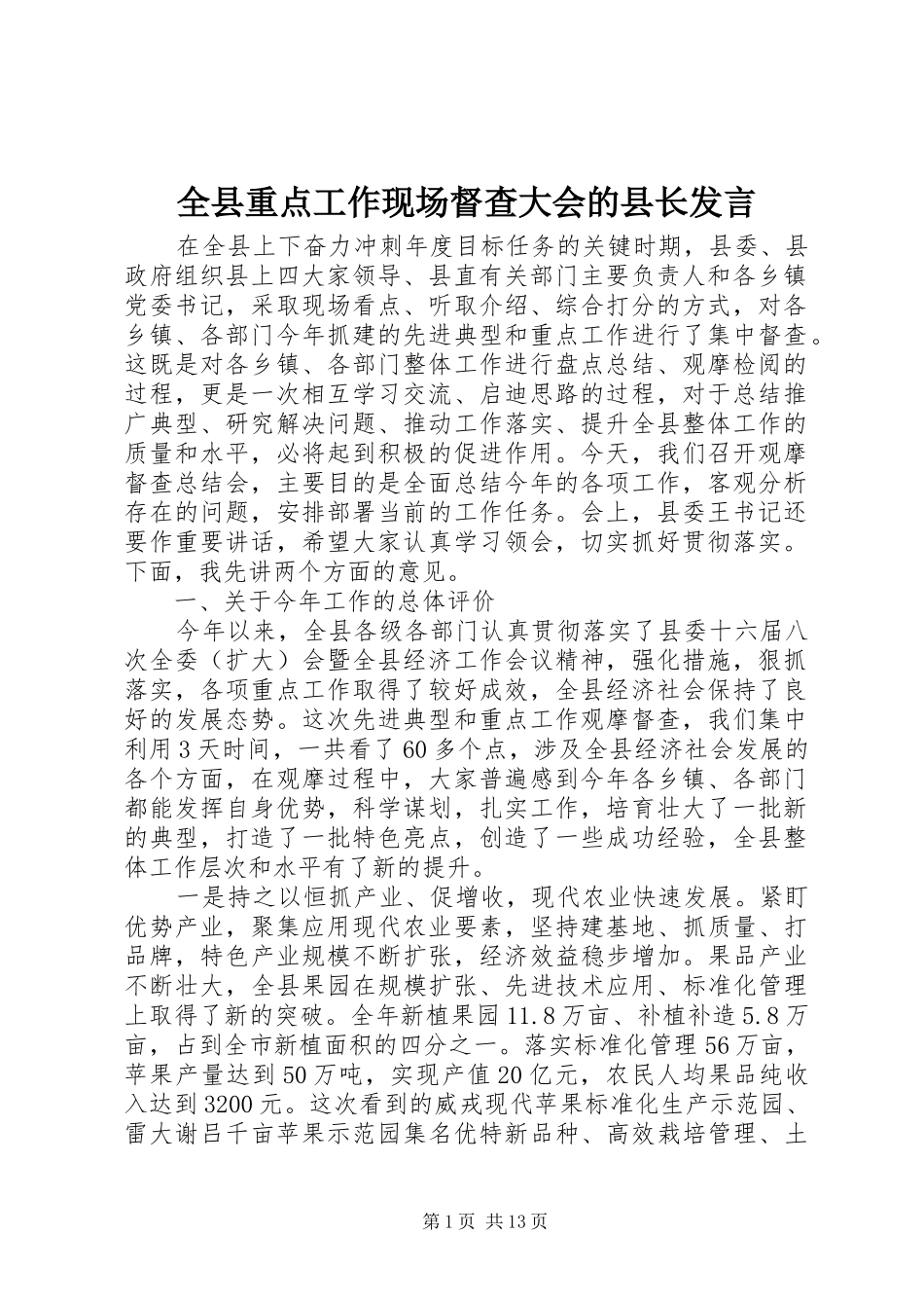 全县重点工作现场督查大会的县长讲话_第1页