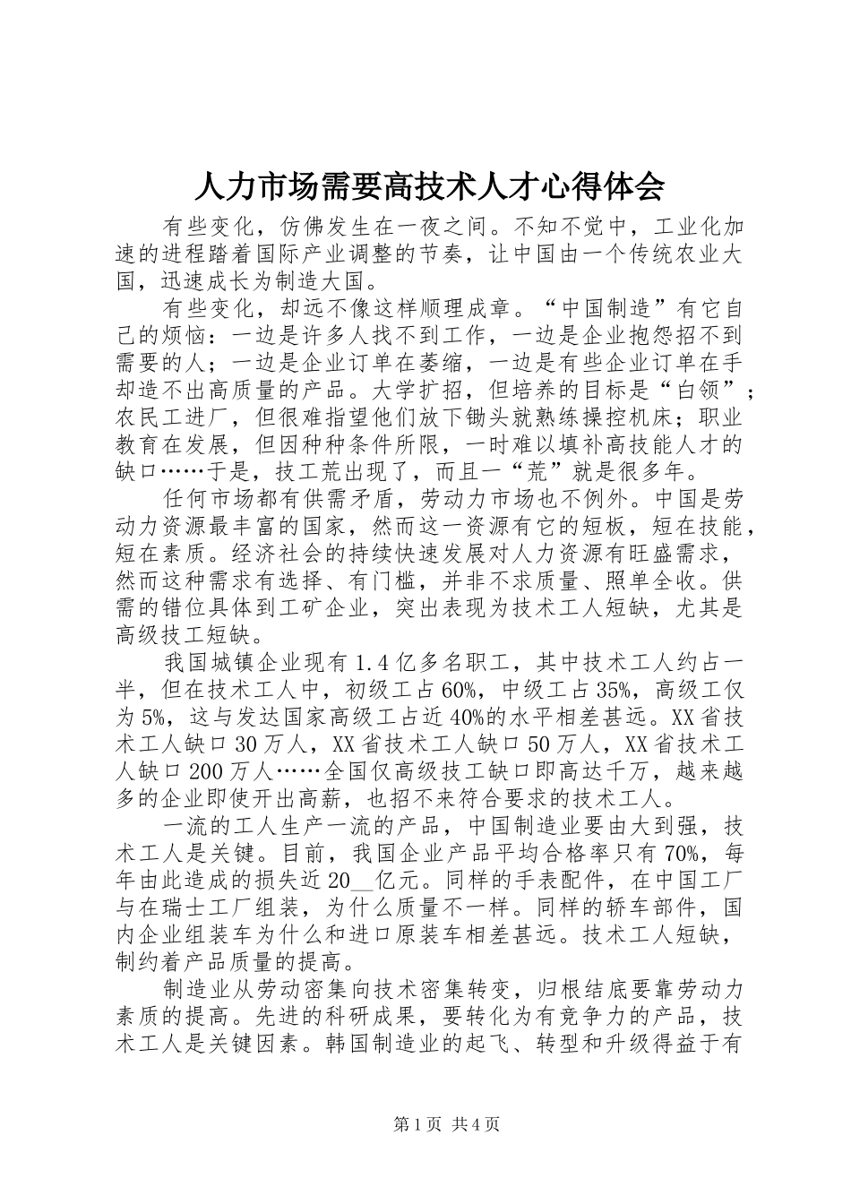 人力市场需要高技术人才心得体会_第1页