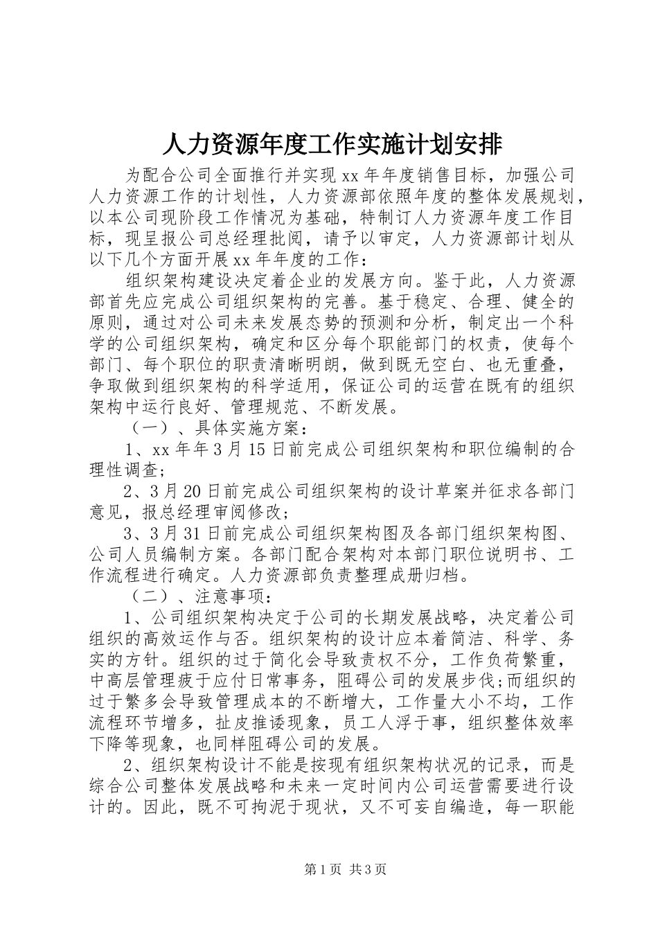 人力资源年度工作实施计划安排_第1页