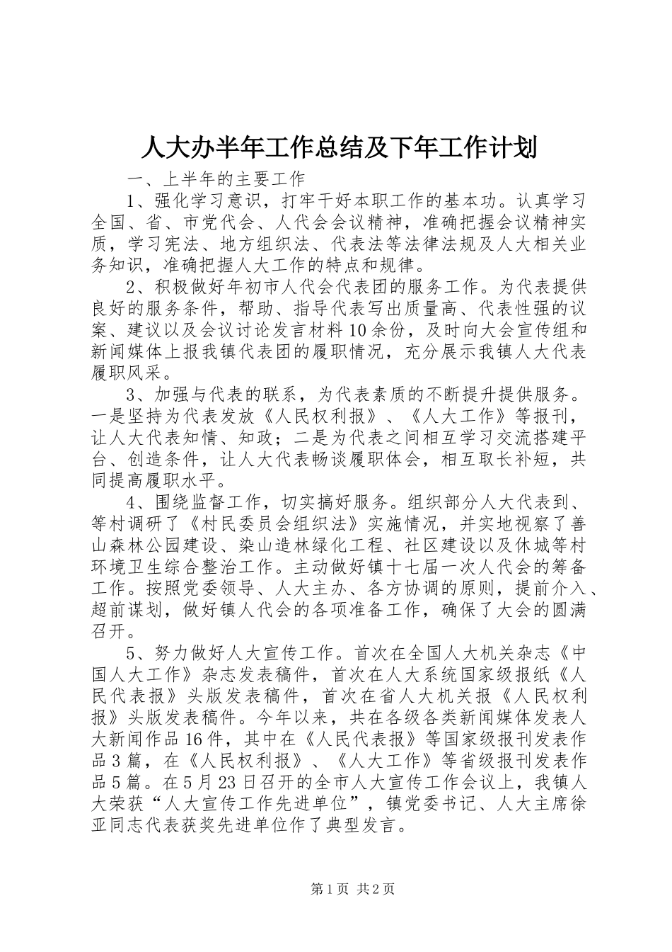 人大办半年工作总结及下年工作计划_第1页