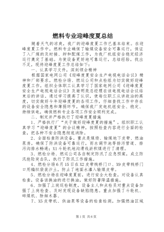 燃料专业迎峰度夏总结