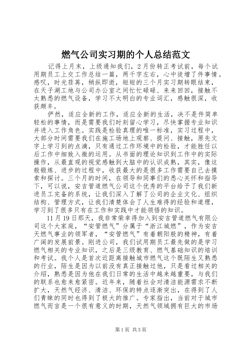 燃气公司实习期的个人总结范文_第1页