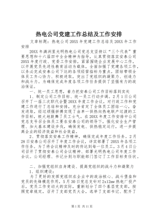 热电公司党建工作总结及工作安排