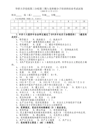 华侨大学党校第三分校第三期入党积极分子培训班考试试卷