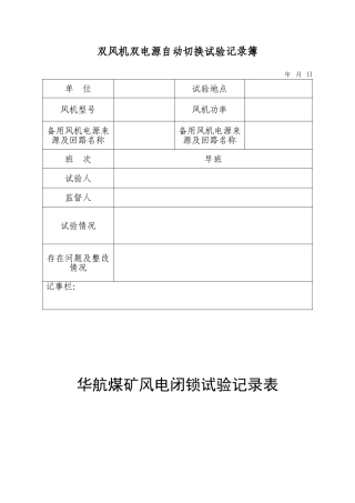 华航煤矿瓦斯电闭锁、风电闭锁实验记录表