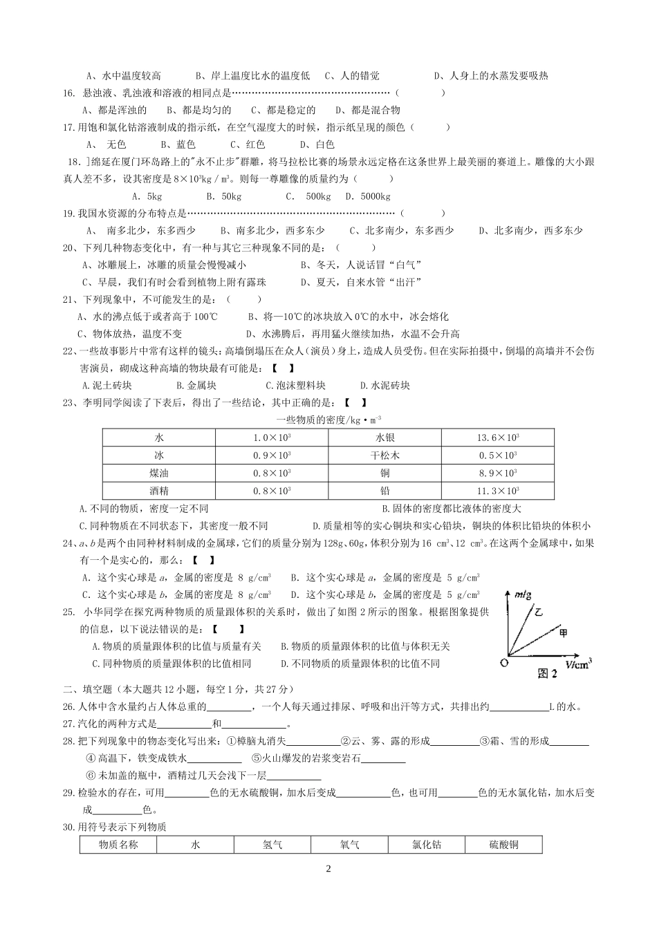 华师大版七年级科学下册第一章水单元测试卷含答案_第2页