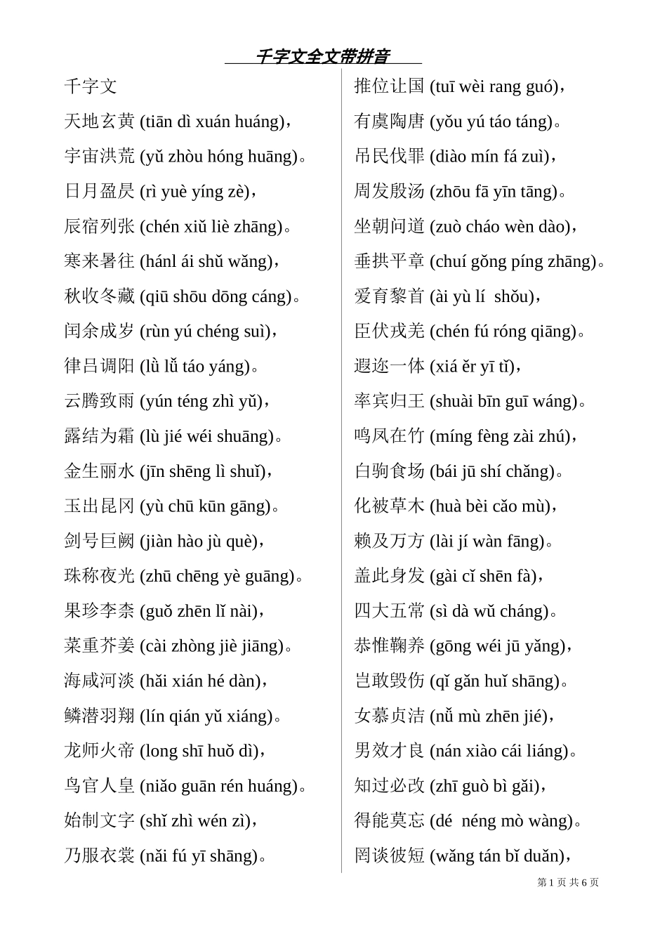 千字文全文带拼音(打印版)(同名4611)_第1页