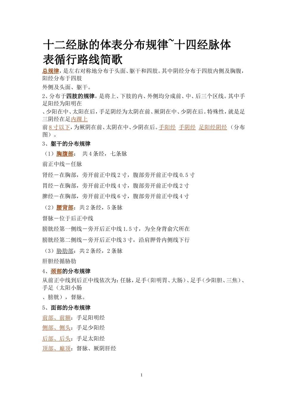 十二经脉的体表分布规律_第1页