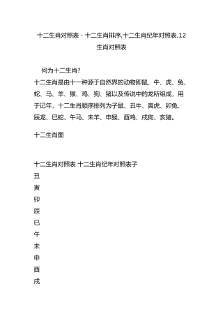十二生肖对照表---十二生肖排序-十二生肖纪年对照表-12生肖对照表