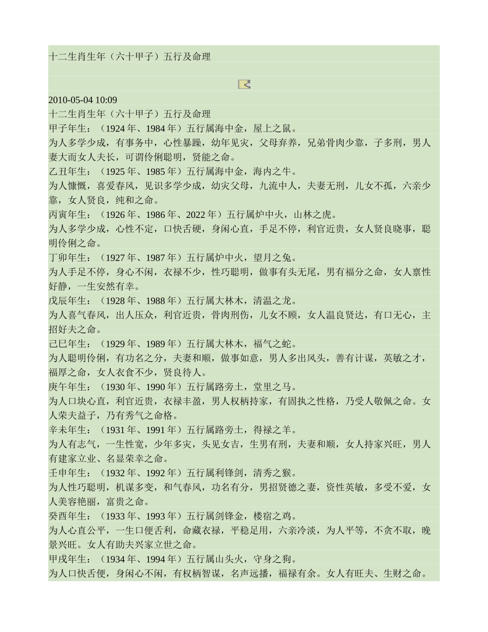 十二生肖生年五行及命理_第1页