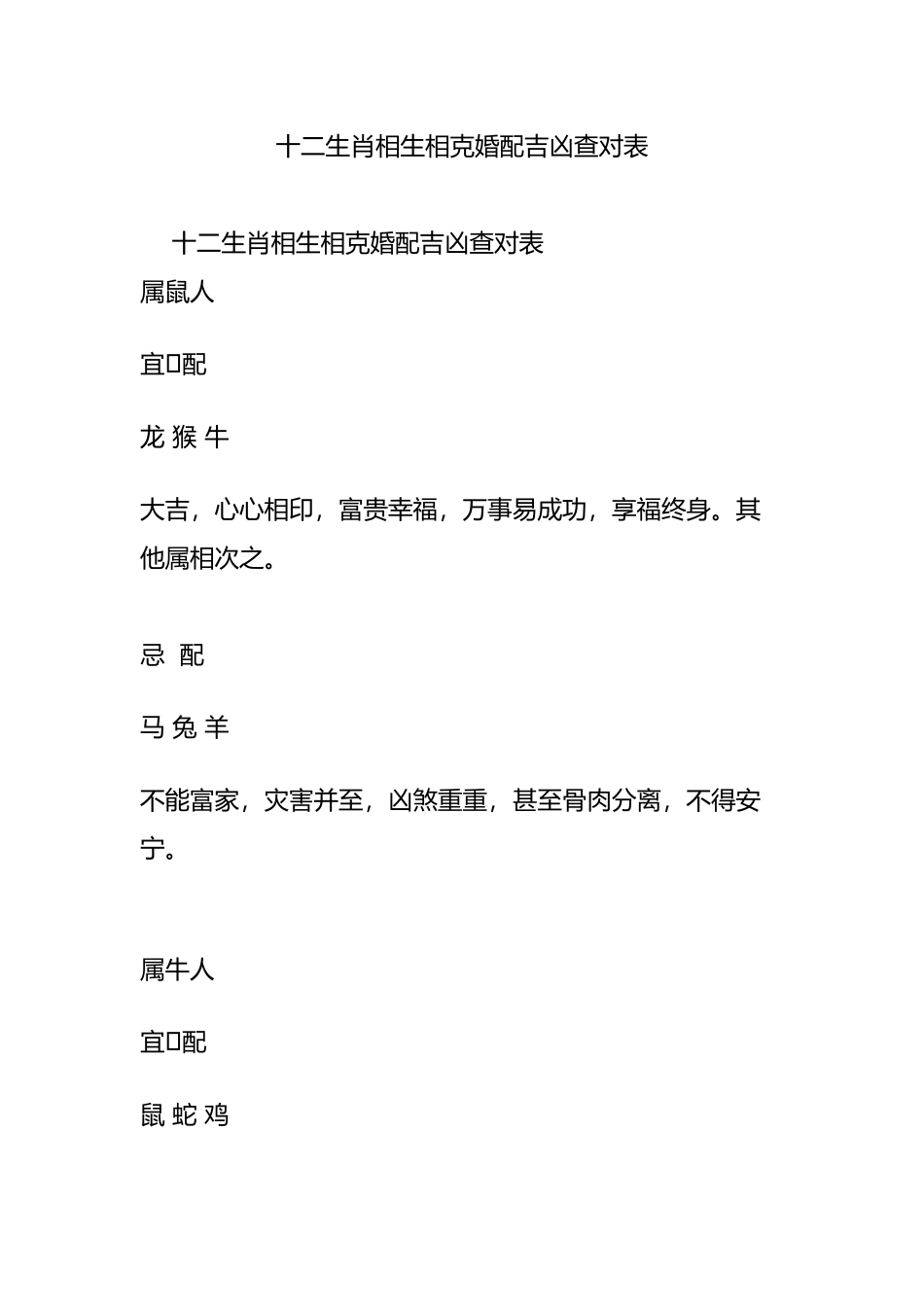 十二生肖相生相克婚配吉凶查对表_第1页