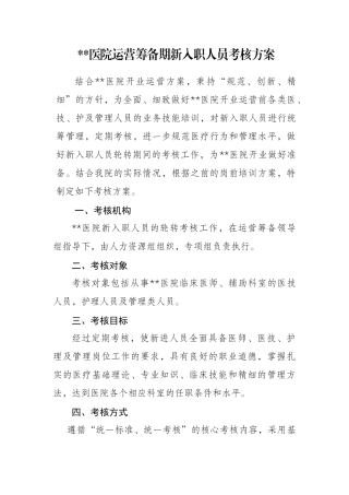 医院筹备期新入职人员考核方案