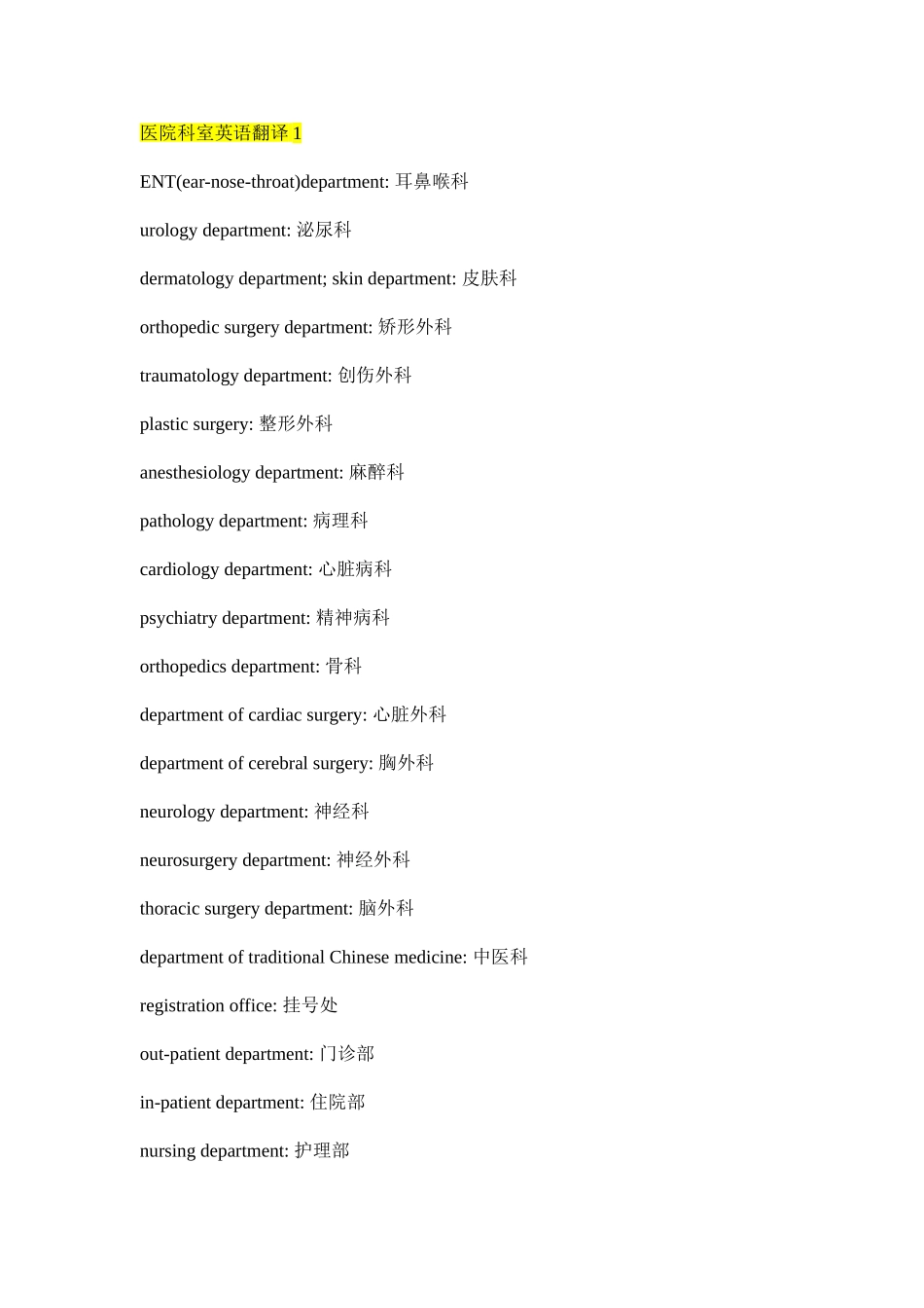 医院科室英语翻译_第1页