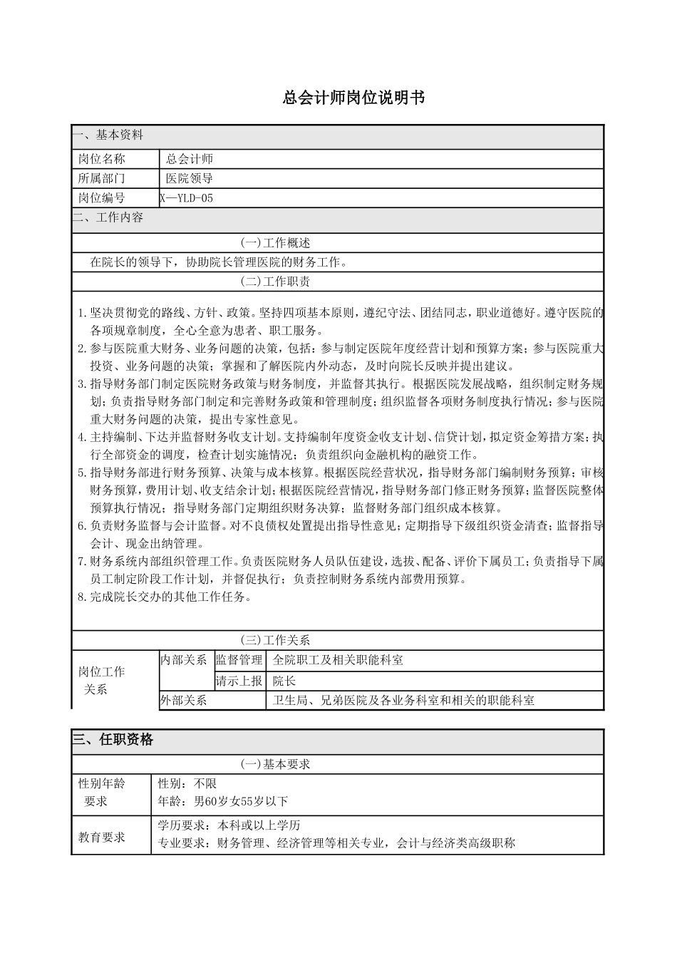 医院财务部岗位说明书_第1页