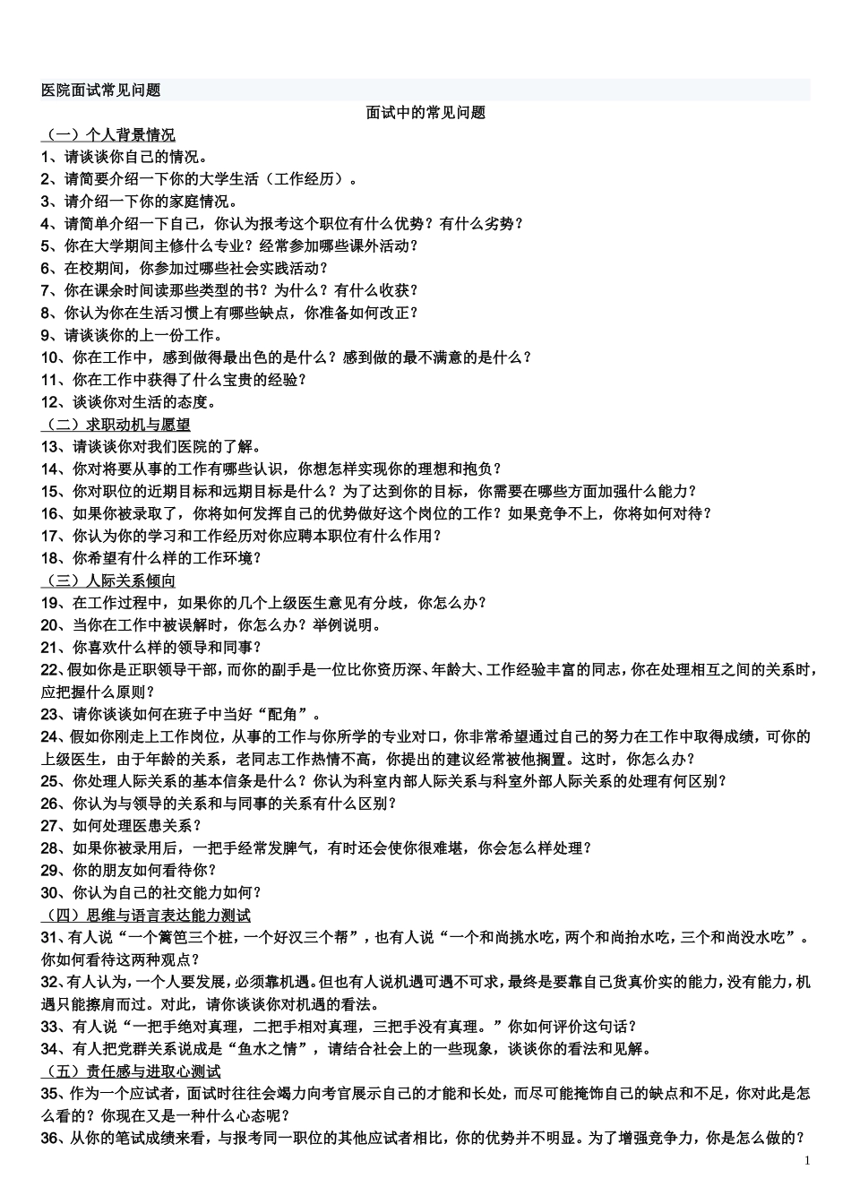 医院面试常见问题_第1页