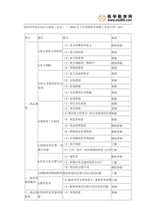 医院药学综合知识与技能(总论)——2011年卫生资格药学初级士考试大纲(101)