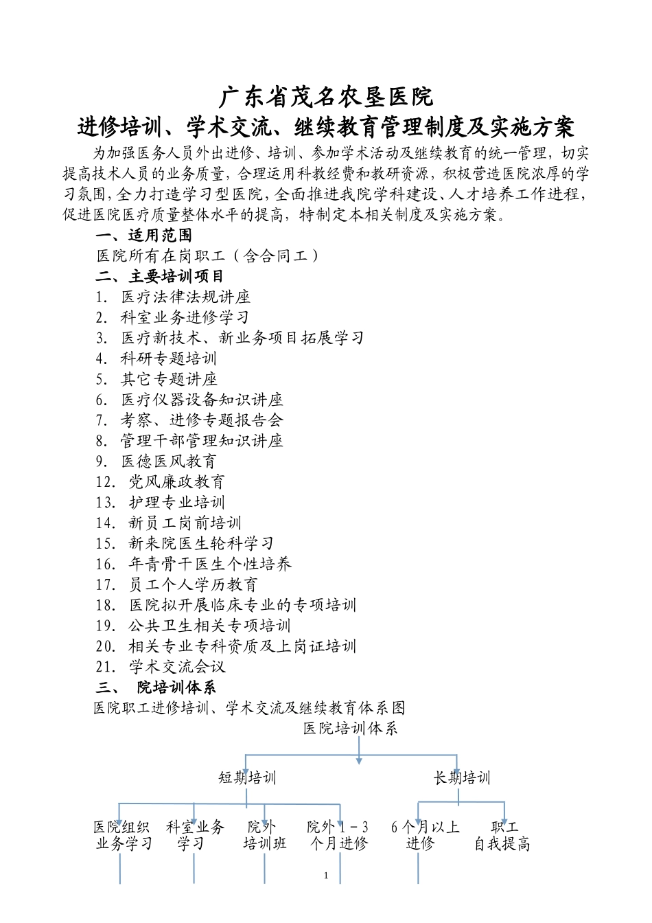 医院职工进修、培训、参加学术会议管理规定及实施方案_第1页