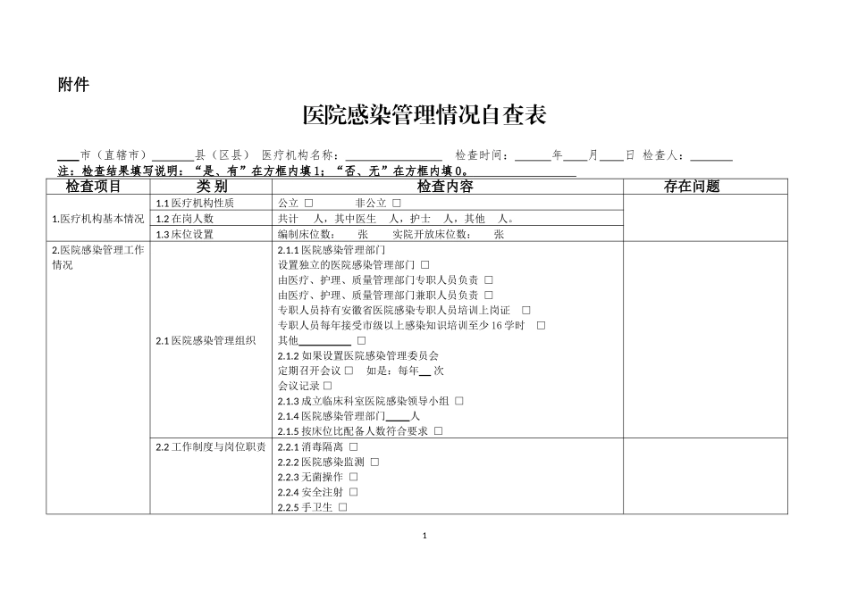 医院感染自查表_第1页