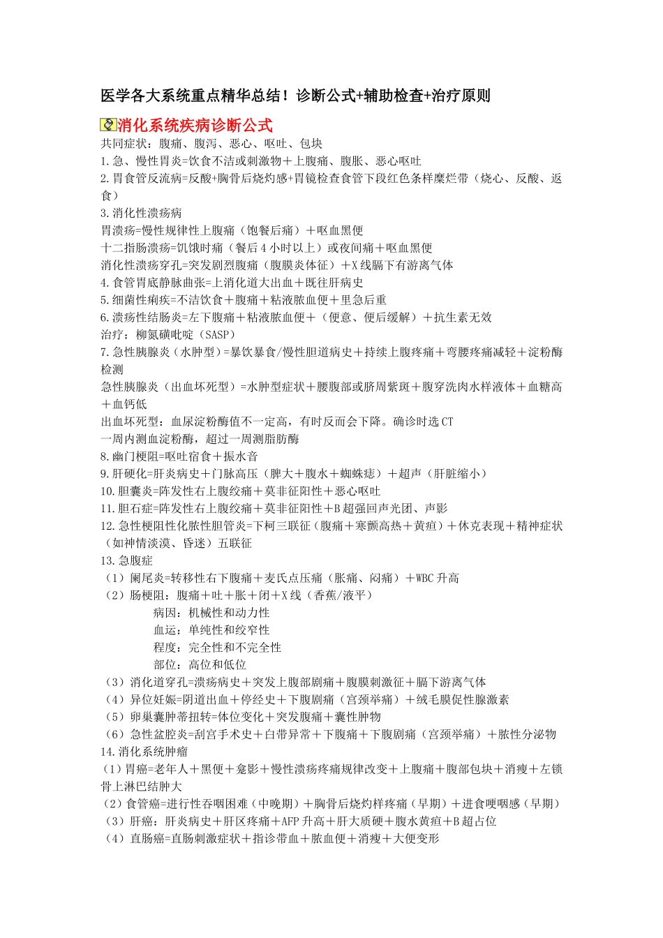 医学各大系统重点精华总结!诊断公式+辅助检查+治疗原则_第1页