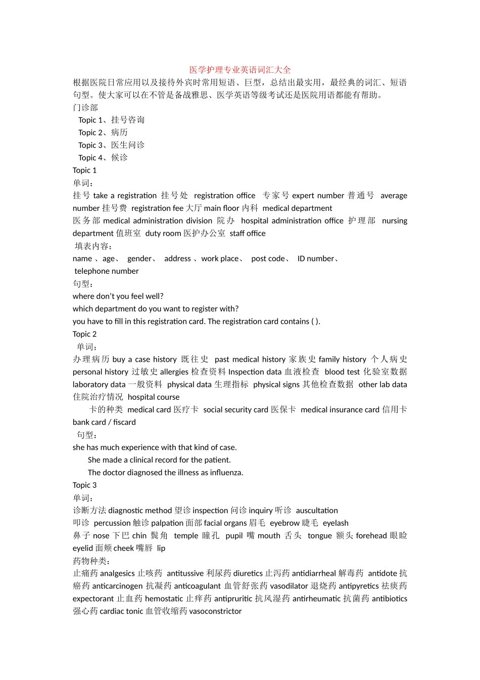 医学护理专业英语词汇大全_第1页