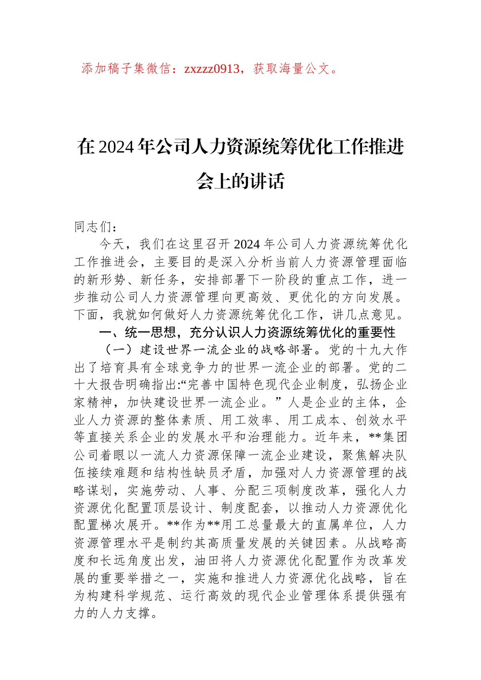 在2024年公司人力资源统筹优化工作推进会上的讲话_第1页
