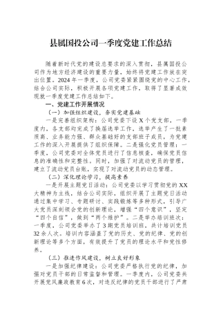 县属国投公司一季度党建工作总结