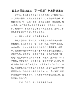 县水务局党组落实“第一议题”制度情况报告