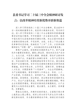 县委书记学习二十届三中全会精神研讨发言：以改革精神培育新优势开辟新赛道