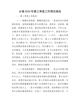 乡镇2024年第三季度工作情况报告