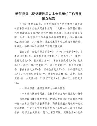 新任县委书记调研换届以来全县组织工作开展情况报告