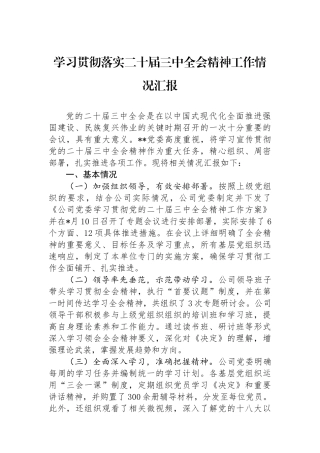 学习贯彻落实二十届三中全会精神工作情况汇报