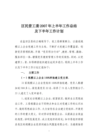 区民营工委2007年上半年工作总结