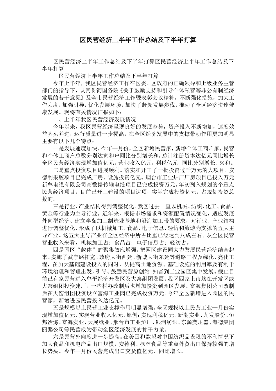 区民营经济上半年工作总结及下半年打算-精选模板_第1页
