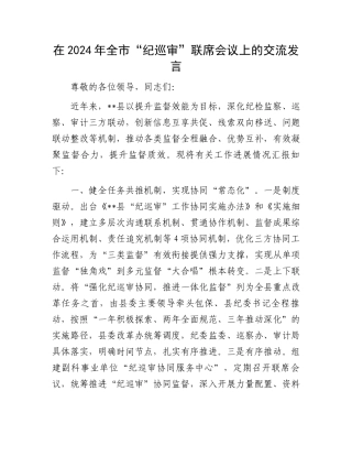 在2024年全市“纪巡审”联席会议上的交流发言