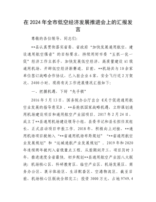 在2024年全市低空经济发展推进会上的汇报发言