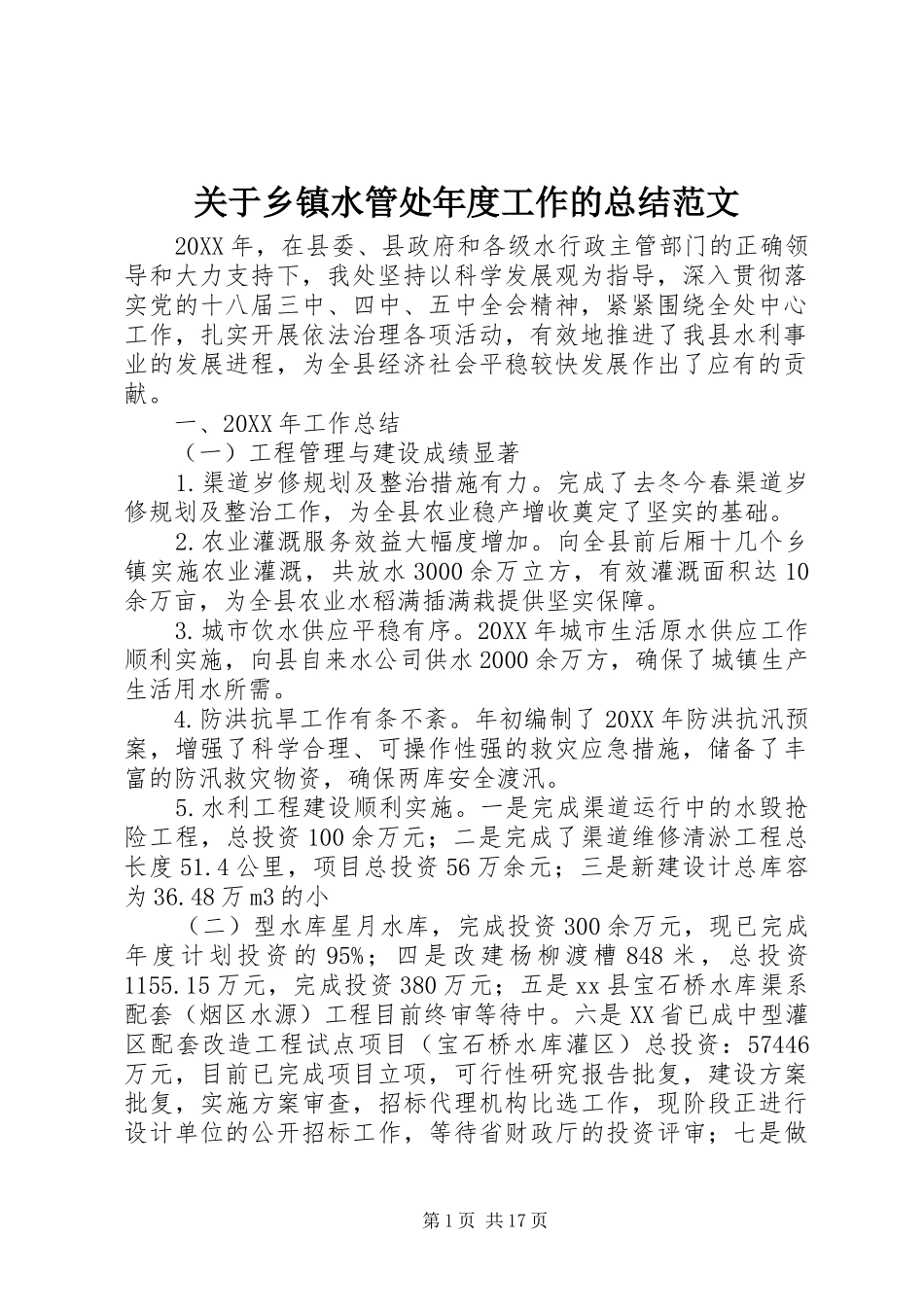 关于乡镇水管处年度工作的总结范文_第1页