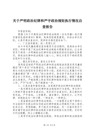 关于严明政治纪律和严守政治规矩执行情况自查报告