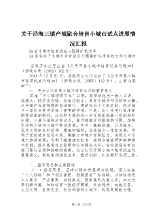 关于沿海三镇产城融合培育小城市试点进展情况汇报