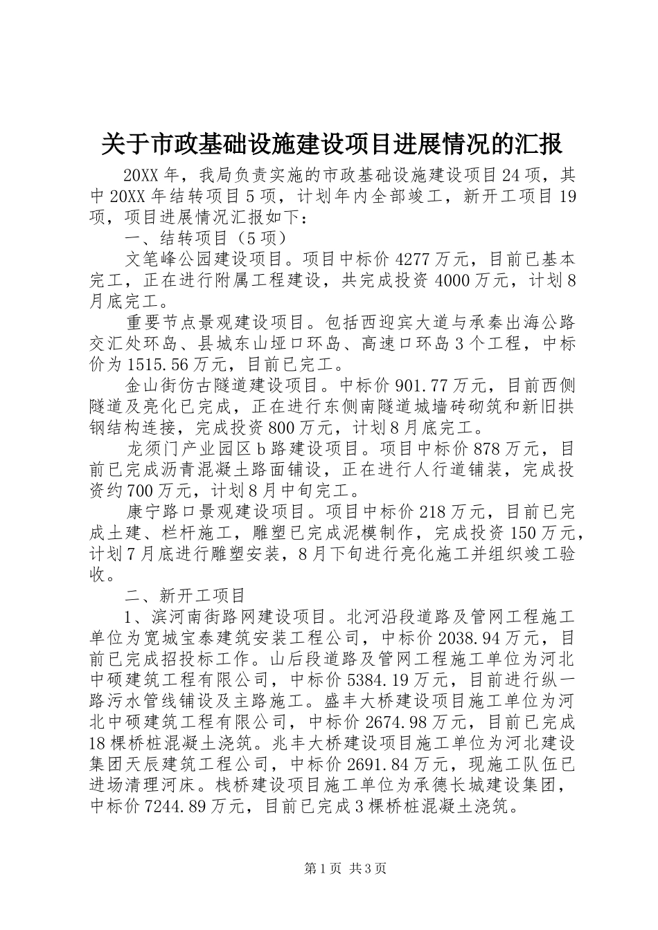 关于市政基础设施建设项目进展情况的汇报_第1页
